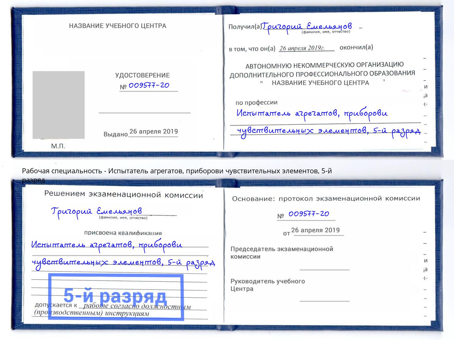 корочка 5-й разряд Испытатель агрегатов, приборови чувствительных элементов Всеволожск