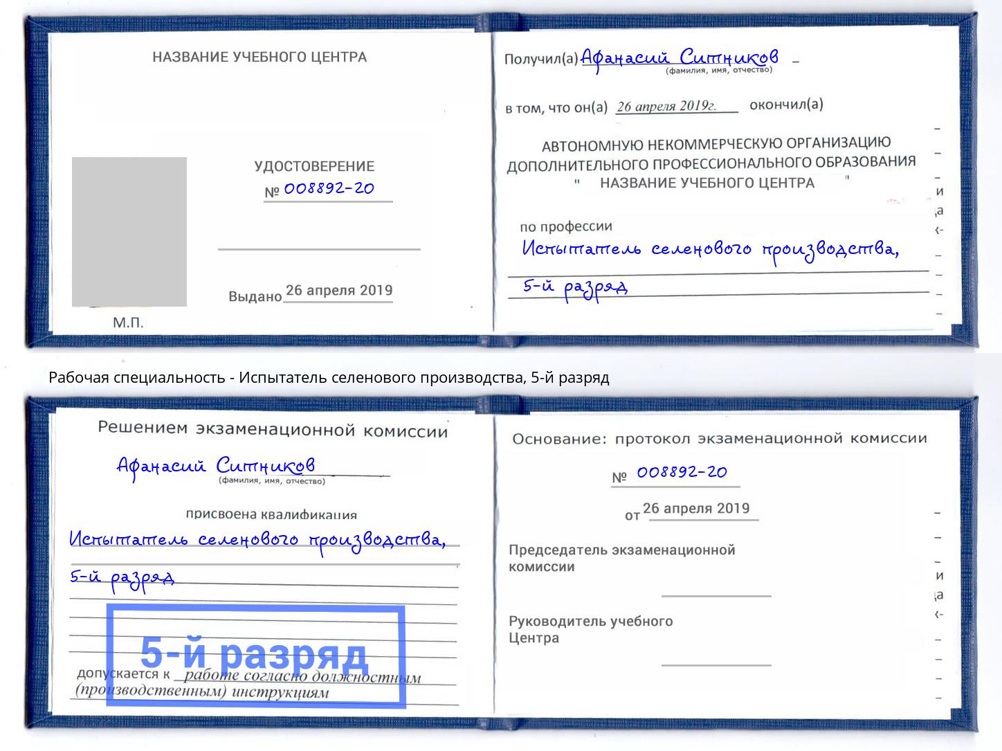 корочка 5-й разряд Испытатель селенового производства Всеволожск