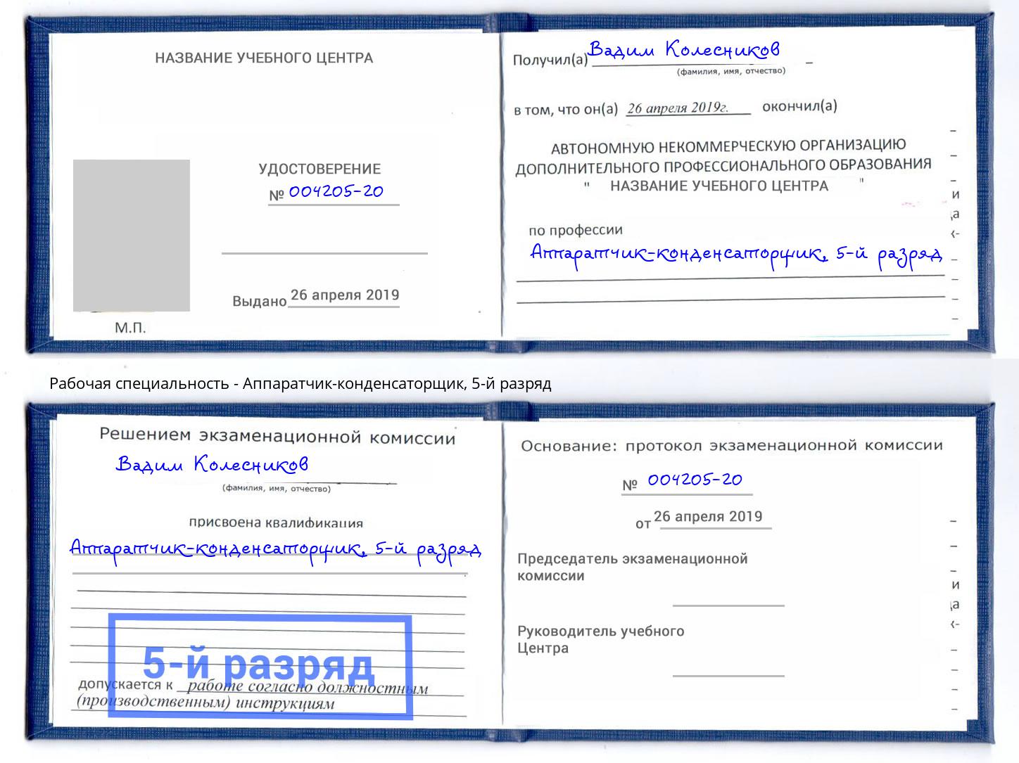 корочка 5-й разряд Аппаратчик-конденсаторщик Всеволожск